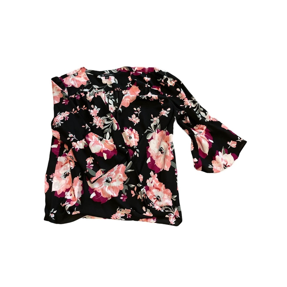 I.N.C. Black & Pink Floral Criss Cross 3/4 Bell Sleeve Top
